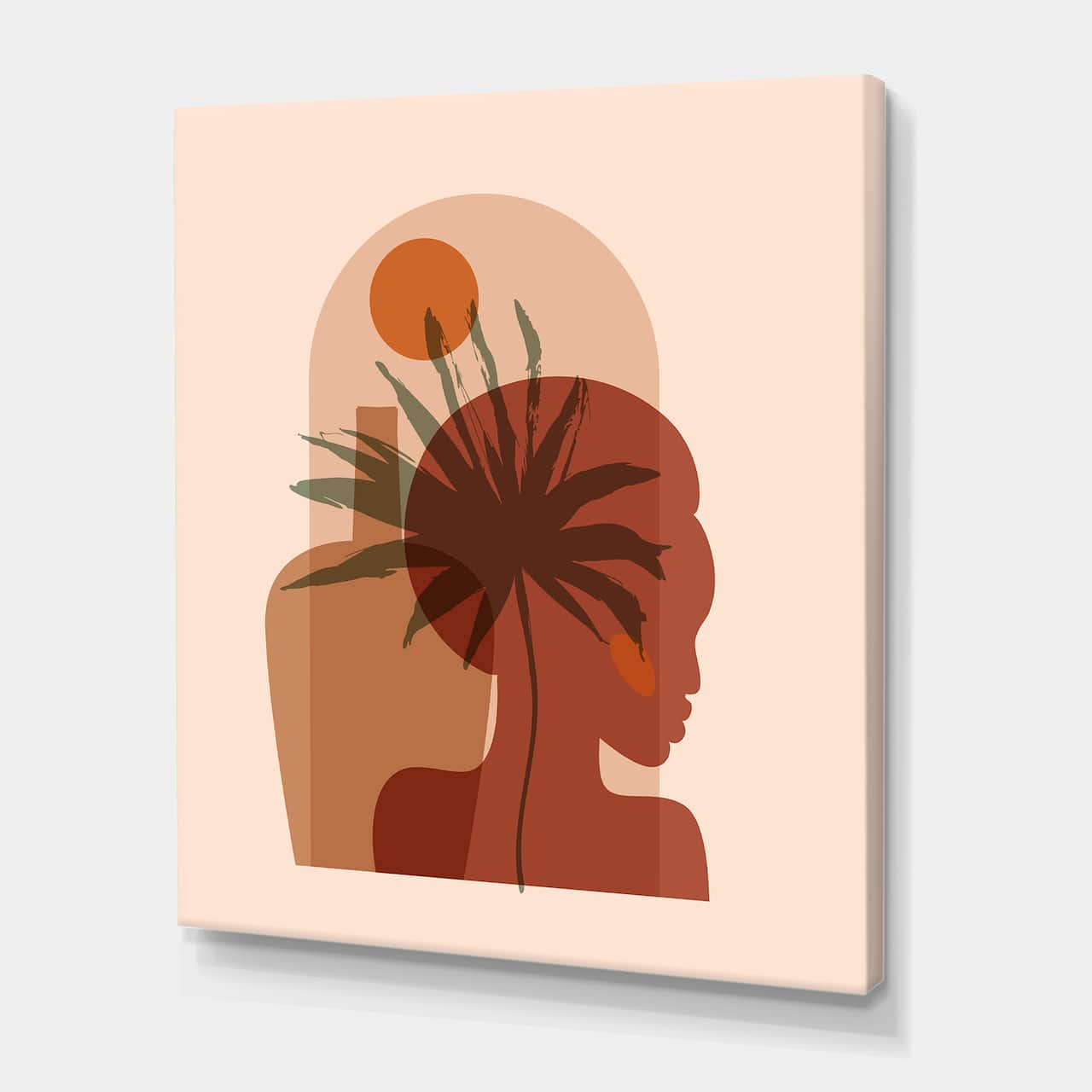 Designart - Abstract Tropical Palm Leaf & Pretty Girl Portrait - Modern Canvas Wall Art Print